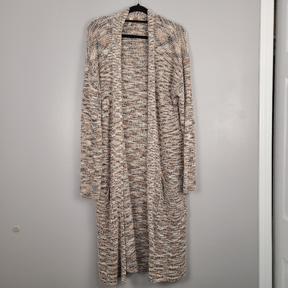 Pilcro Marled Long Open-Front Cardigan in Beige and Cream